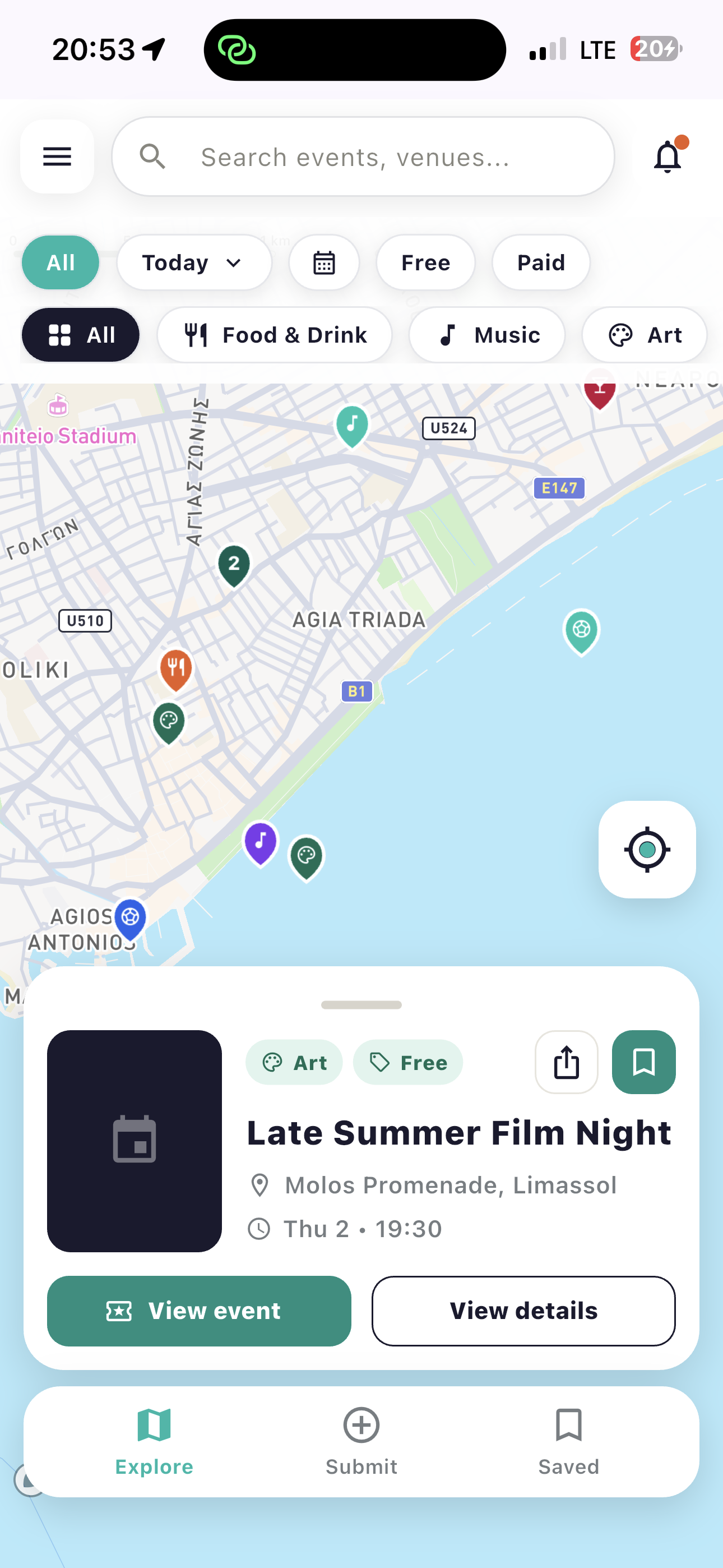 Avenue Explore screen showing events and venues across a map of Limassol