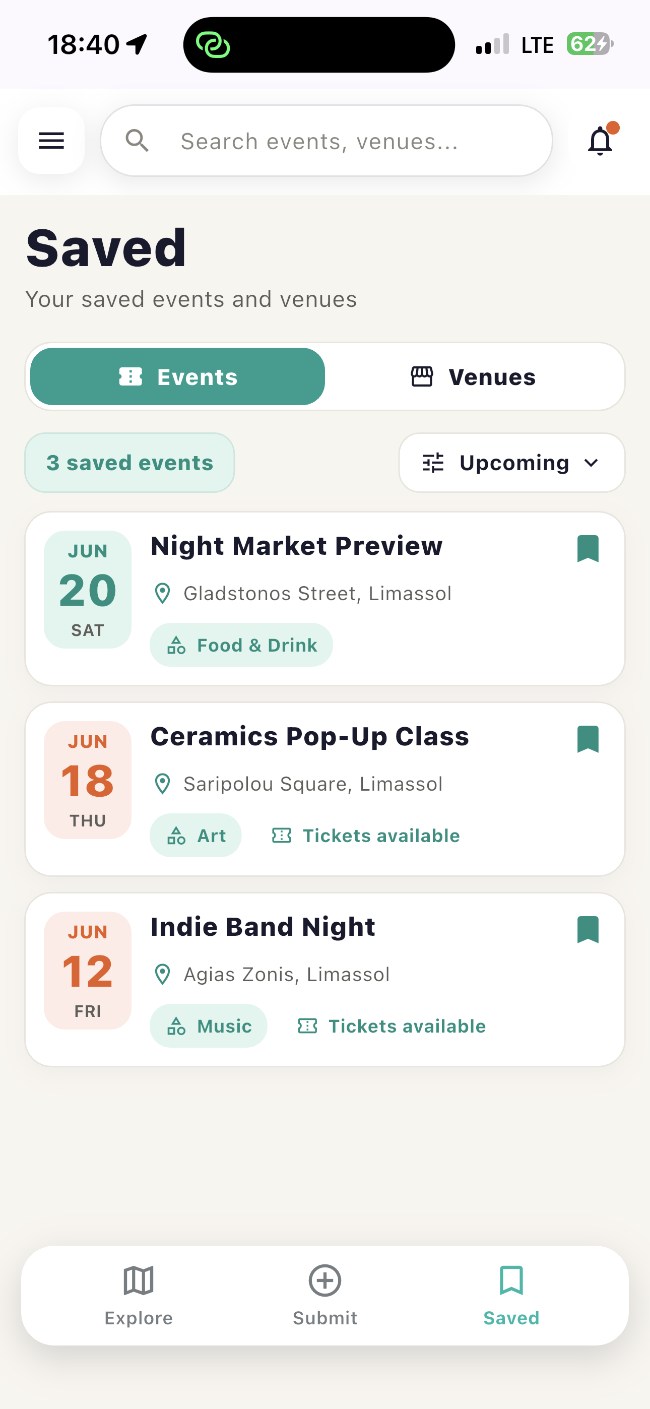 Avenue Saved screen with a list of saved events in Limassol