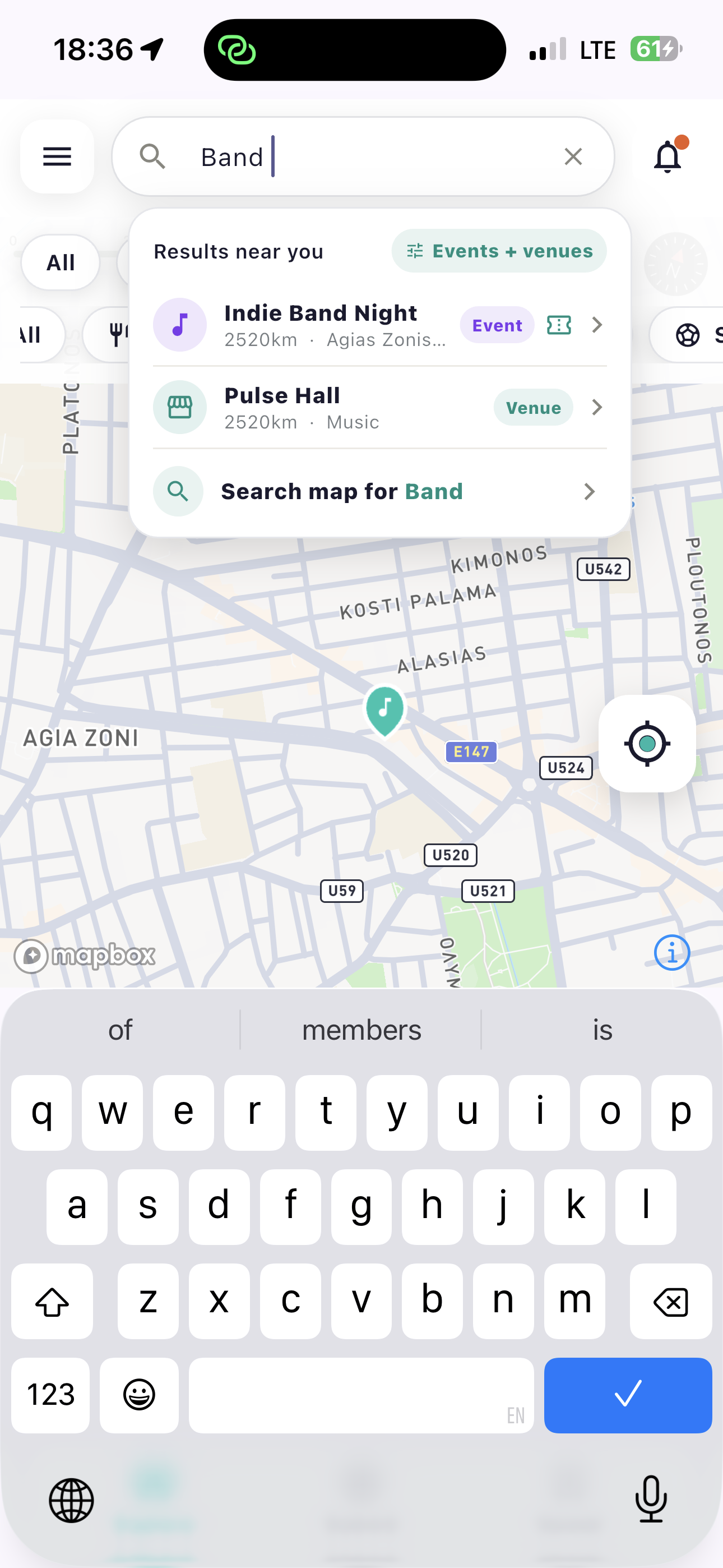 Avenue search screen narrowing map results for a band